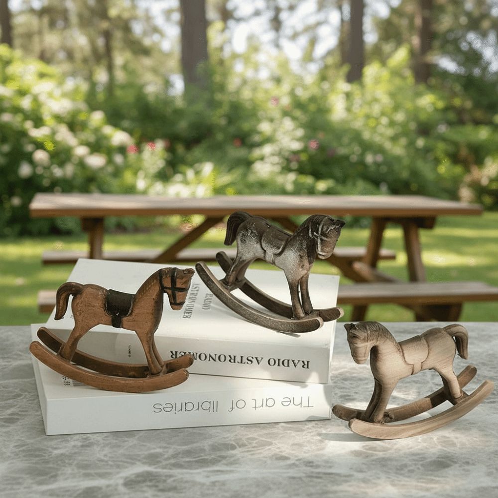 Nordic Retro Wooden Rocking Horse Wooden Horse Animal Figurines Desk Decor  Living Room