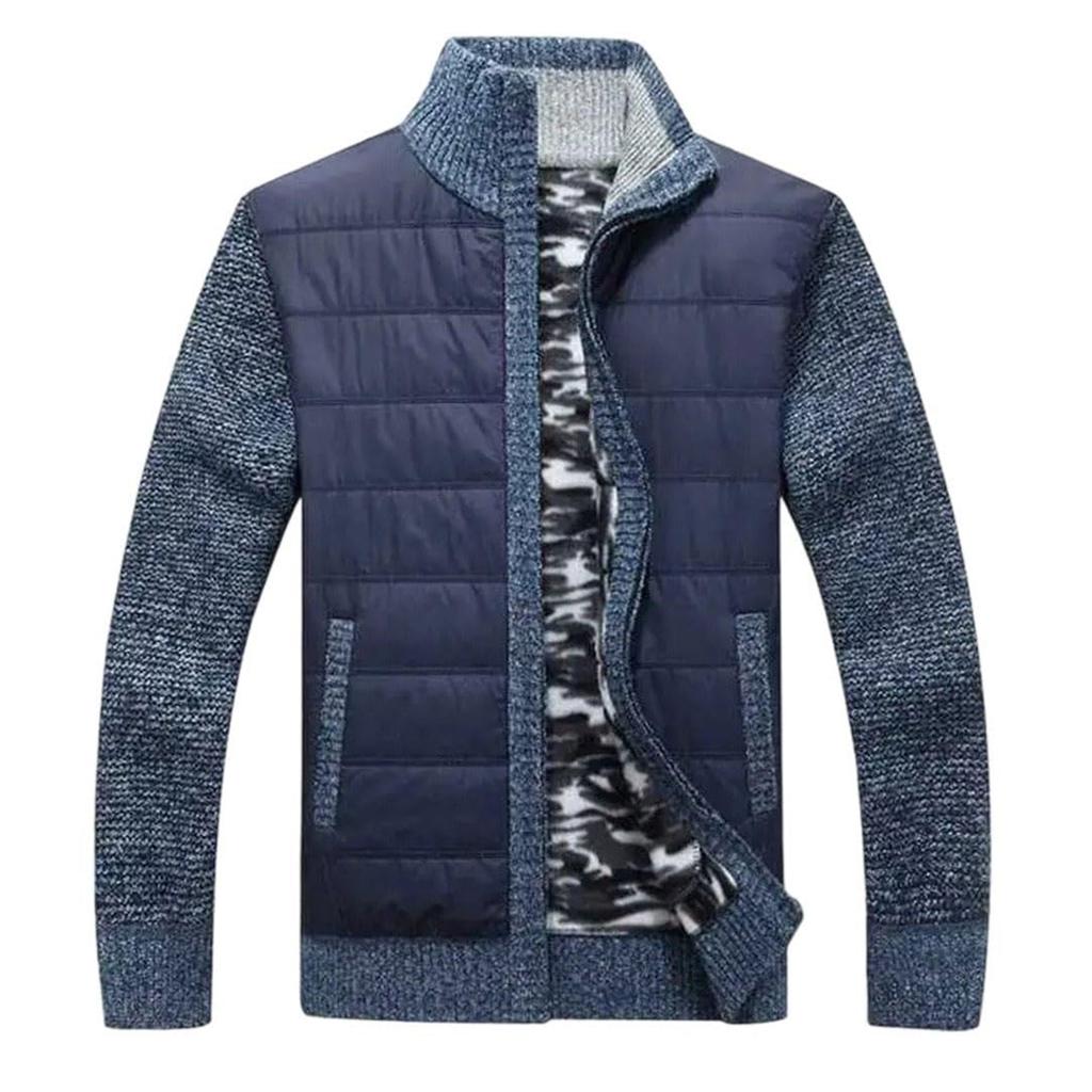 Men's Stand-up Collar, Fleece And Cotton Long-sleeved Cardigan, Zippered Warm Knitted Sweater