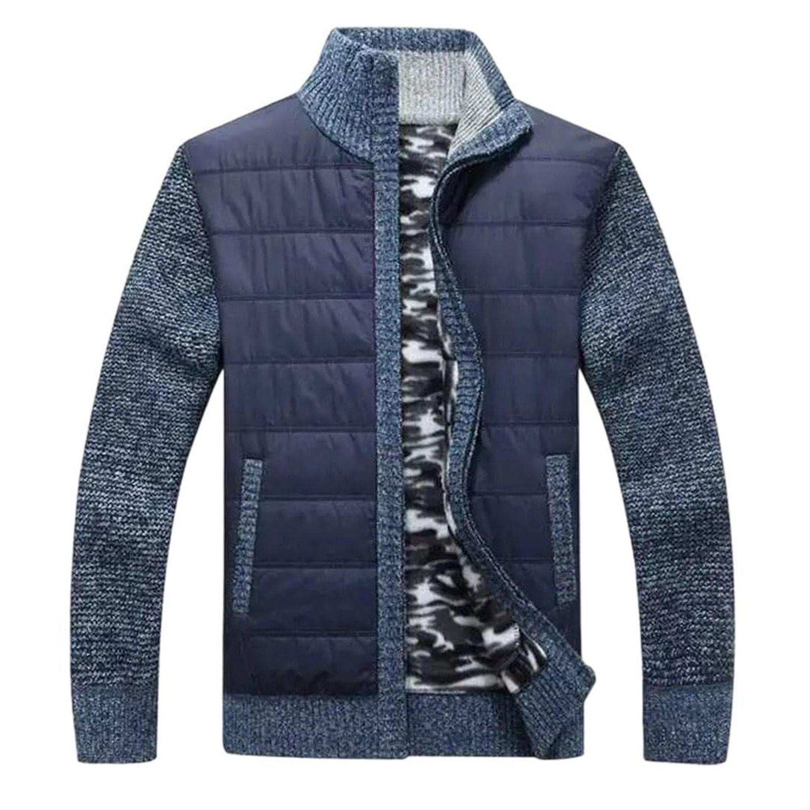 

Men s Stand-up Collar, Fleece And Cotton Long-sleeved Cardigan, Zippered Warm Knitted Sweater L Темно-синій