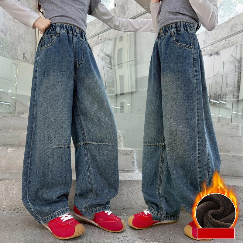 Children Winter Insulated Jeans Teen Kids Fashion Fleece Lined Street Trousers Girl Letter Embroidery Thermal Denim Pants