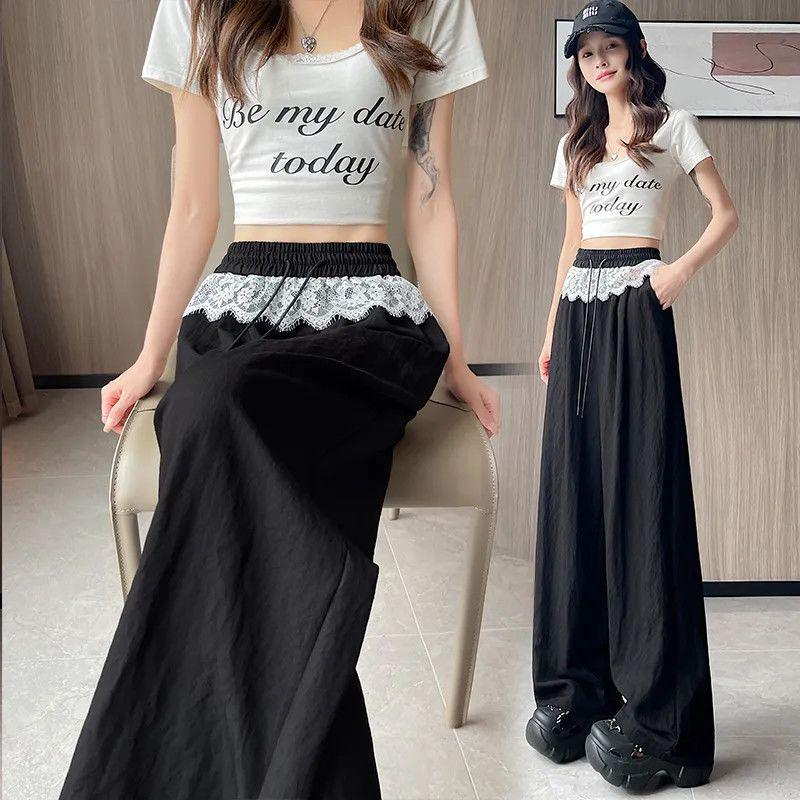 High-Waist Lace Splice Women's Spring/Summer Loose Straight-Leg Pants