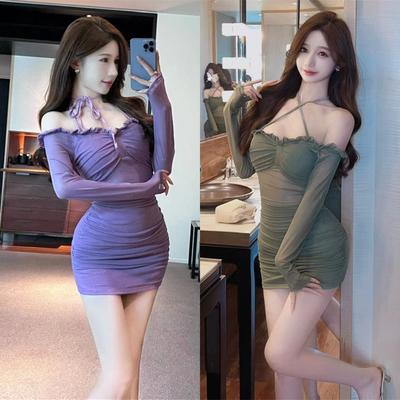 Sexy Low-cut Strap Mesh Solid Color Dress Long-sleeved Tight Hip Skirt Work Clothes Autumn and Winter