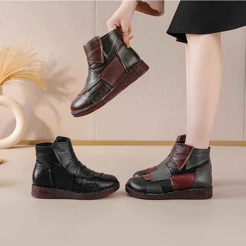 Leather short boots with color matching warm and comfortable cotton shoes women's winter cowhide sole leather boots