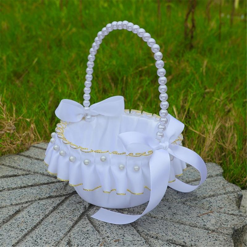 Elegant White And Gold Wedding Decorative Basket For Bridal Ceremonies Parties Decors Durable Fabric Storage Container