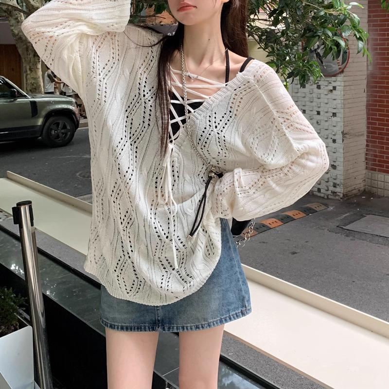 Spring Summer Autumn Thin Sexy Women Tops Blouse V Neck Pullover Solid Korean Loose Sunscreen New Lady Clothes