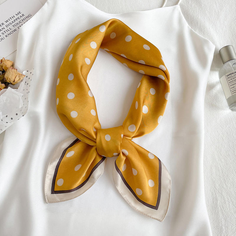 Women Lightweight Elegant Polka Dot Knotted Silk Small Square Scarf Summer Spring Elegant Neckerchief Satin Head Scarf