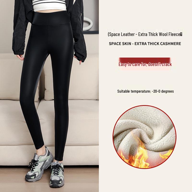 Women's Winter PU Leather High-Waist Thick Velvet Leggings - Plus Size, Slimming, Warm