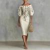 2026 European and American station new product, temperament one-word shoulder five-quarter sleeve printed slim-fitting waist dress