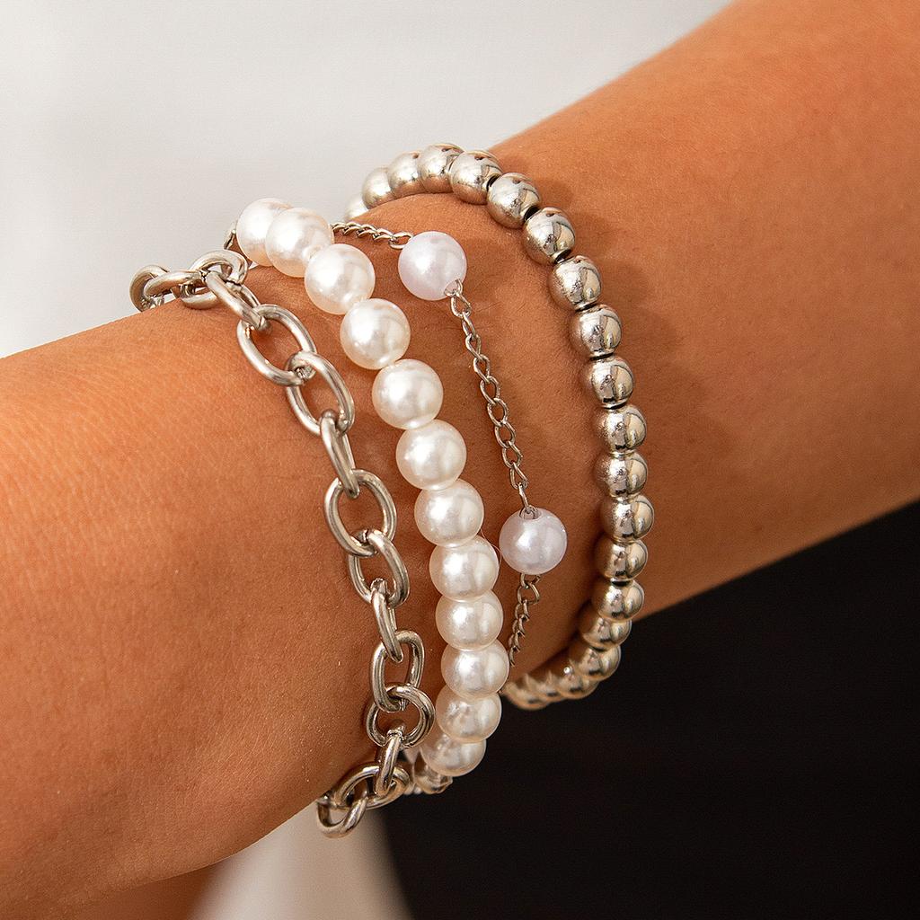 ins style multi-layer chain bracelet hand jewelry, imitation pearl beaded stacked bracelet set women