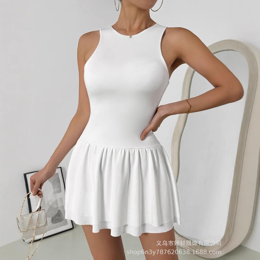 

Women Evening Party Sleeveless O Neck Solid Color Hollow Out Backless Sexy Mini Pleated Dress L