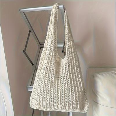 Einfarbige gestrickte Netz-Tragetasche, Vintage lässige Handtasche mit großer Kapazität, Tragbare Aufbewahrungstasche