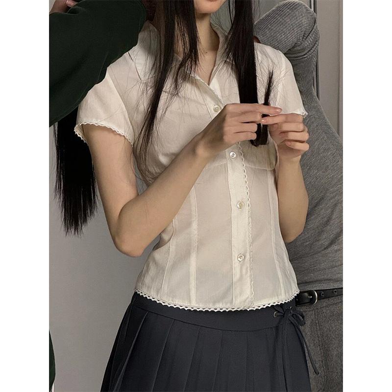 Y2K White Shirts Women Harajuku Jk Lace Short Sleeve Blouses Summer Preppy Kawaii Korean Fashion Basic Slim Chic Tops New