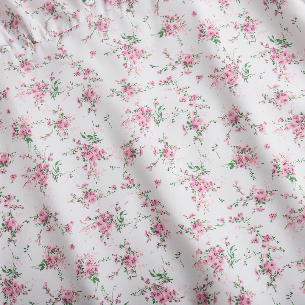 Summer New Women's V-neck Structured Shoulder High Waist Long Floral Print Short Sleeve Dress, European & American Style