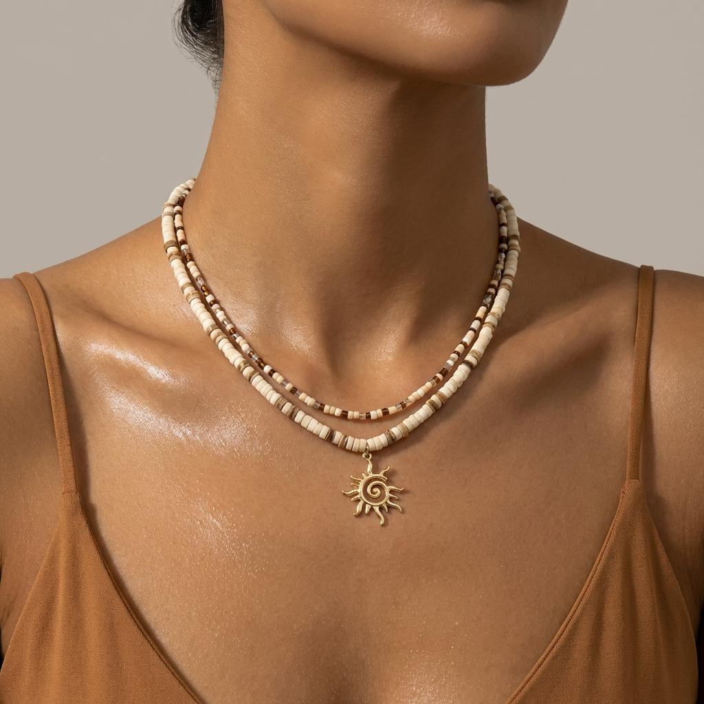 Boho Layered Sun Pendant Necklace for Women Trend Colorful Heishi Surfer Wooden Beads Choker Summer Beach Jewelry Gift