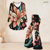 Women Plus Size Black Printed Round Neck Three Quarter Sleeve Flared Top And Flared Pants Two Piece Set