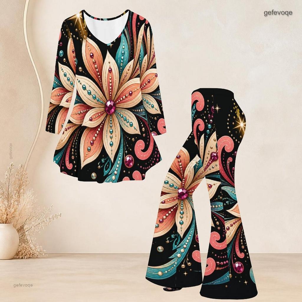 Women Plus Size Black Printed Round Neck Three Quarter Sleeve Flared Top And Flared Pants Two Piece Set