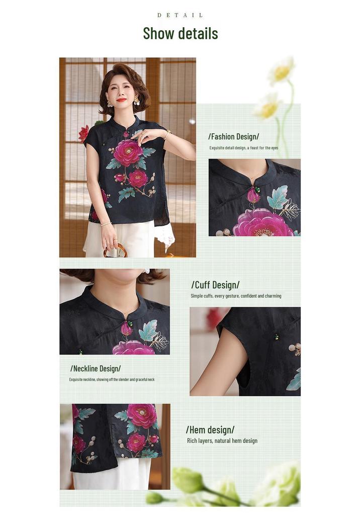 Chinese-style Frog Button Printed Summer Top for Middle-aged Women