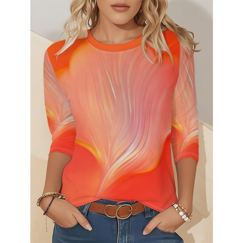Ladies' Gradient Pink Blue Printed Long Sleeve T-shirt - Gradual Splicing Round Neck Casual Top
