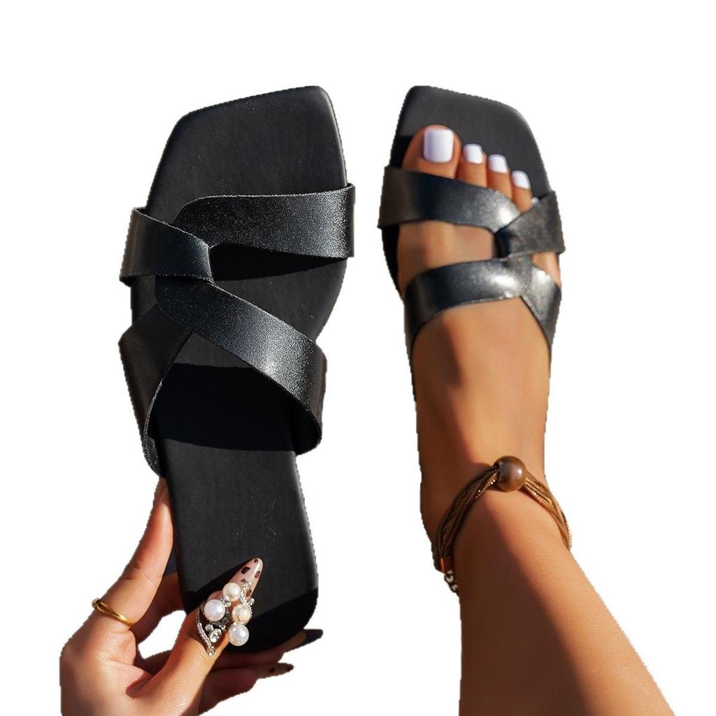 New Cross Square Slippers Beach Wear Cool Slippers Large Size Foreign Trade Flat Bottom European and American New Women