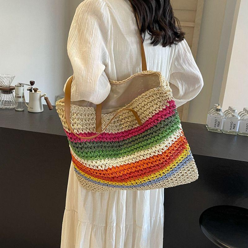 New Rainbow Contrasting Stripes Hand-woven Straw Bag Casual Versatile Seaside Vacation Shoulder Bag