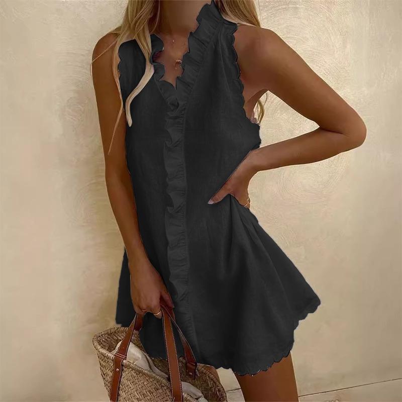 Fashion Summer Ruffled Sleeveless Casual Women Dress V Neck Solid Color Loose Simple Elegant Sweet A-line Party Short Dress Female Women's Clothing