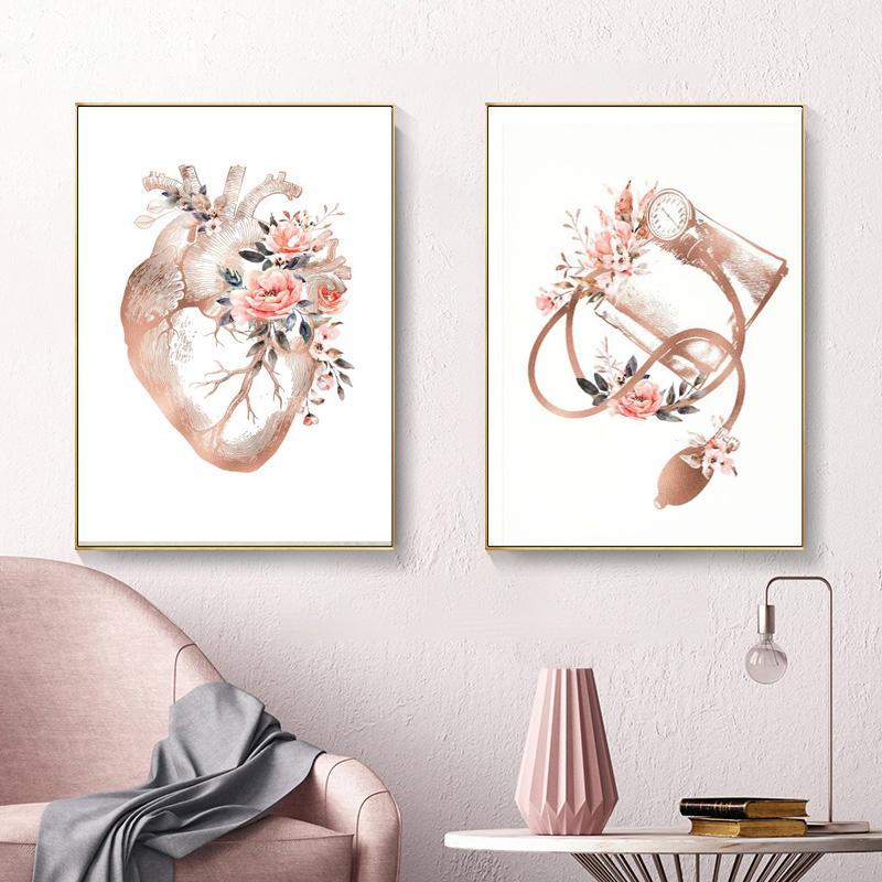Nordic Creative Human Organs Heart Pink Flower Canvas Print Poster Wall Art Decorative Painting Medical Education Mural Posters