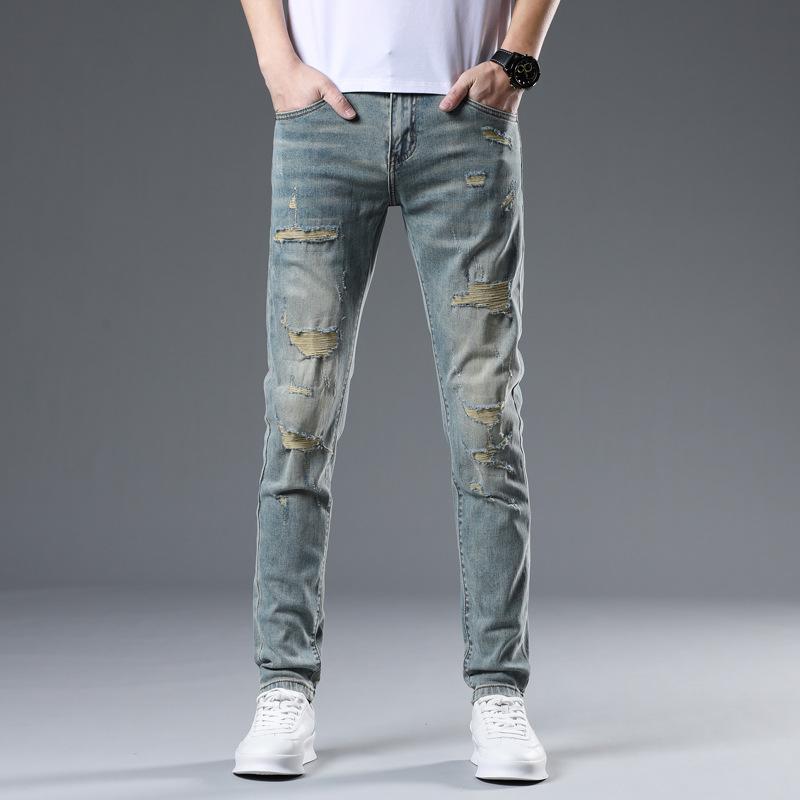 Spring and Summer Ripped Jeans Men's Slim Feet Pants Men's Trousers
