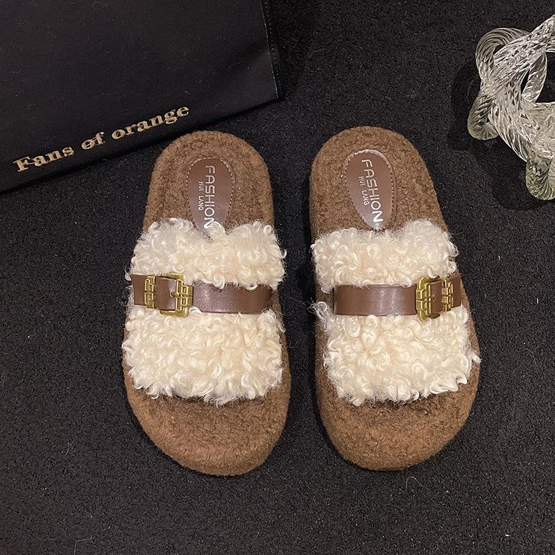 Curly Hair Thick-soled Fluffy Slippers Women's Outer Wear 2025 Autumn and Winter New Korean Version Soft-soled One-word Mop Versatile Casual Cotton Mo