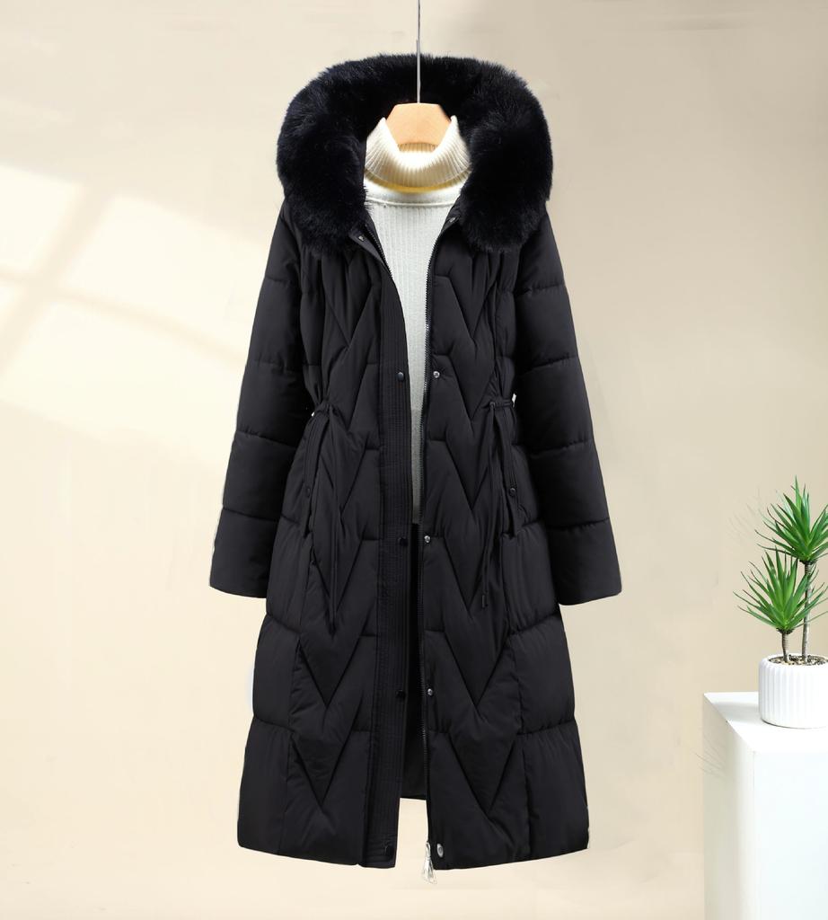 European goods, large fur collar, down cotton-padded clothes, women's medium and long styles, over-knee thickened warm cotton-padded clothes, fashion