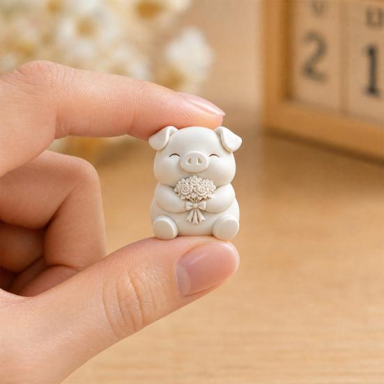 3D Printed Cute Pig Bouquet Figurine, Matte White Animal Sculpture, Smooth Decor Ornament with Rose & Bow, Stable Statue for Desktop Car Entrance