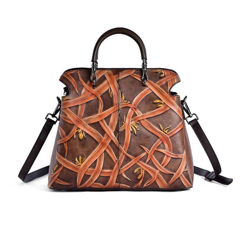 Johnature Luksus håndveske Damevesker Designer Retro Cow Leather Bag Håndlaget preget dame skuldervesker