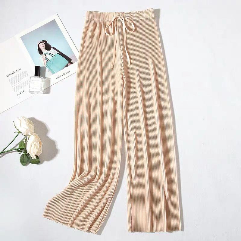 2025 Spring Summer Women's Ice Silk Chiffon Pleated Wide-Leg Loose Casual Long Pants