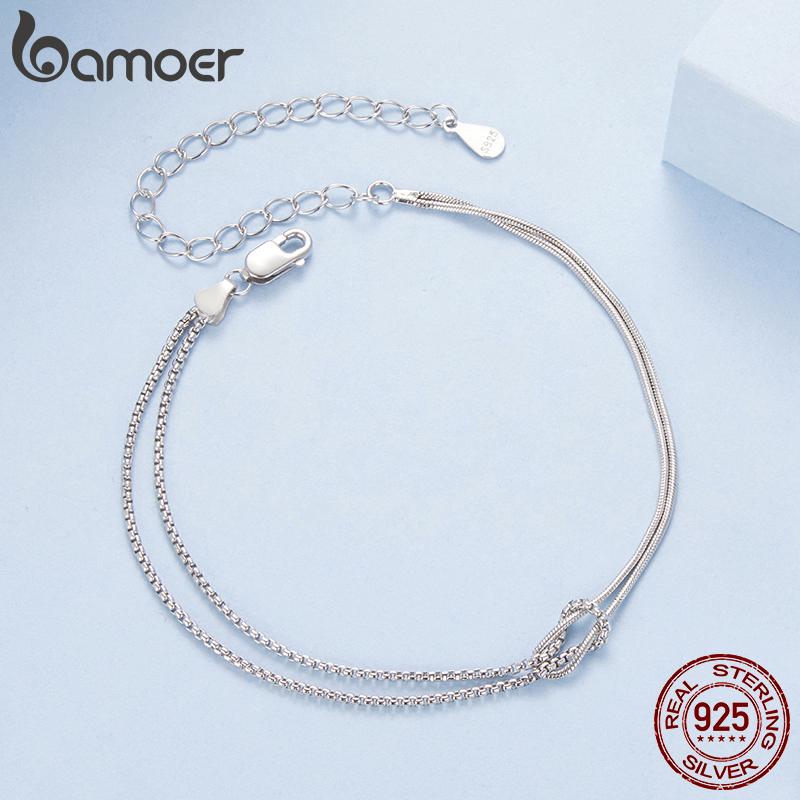 BAMOER Double Layer Crossed Bracele Snake Bones Basic Chain Bracelet 925 Sterling Silver Original for Women Girl Delicate Gift