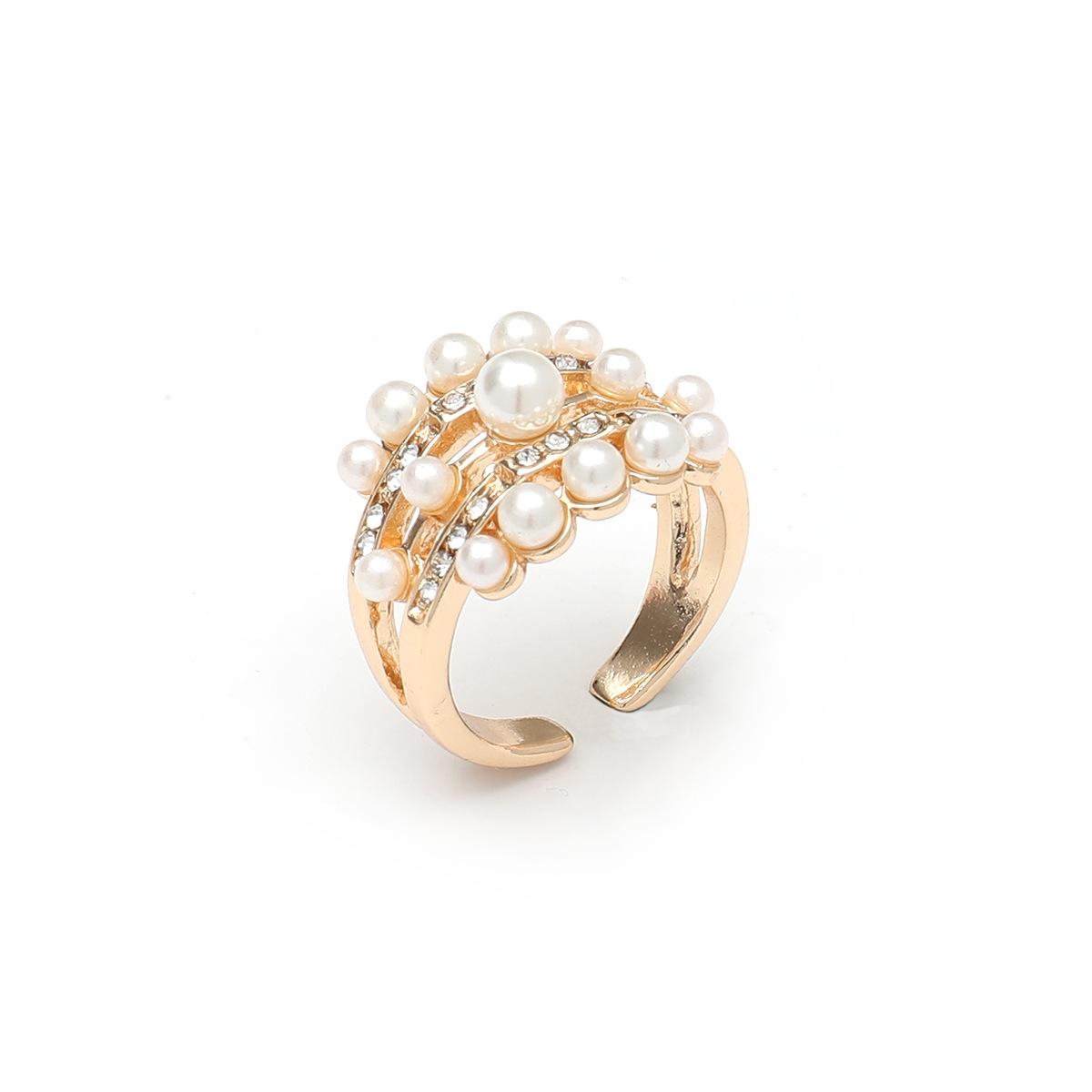 Elegant Multi-layer Adjustable Pearl and Diamond Gold-Plated Open Ring for Women Open Adjustable