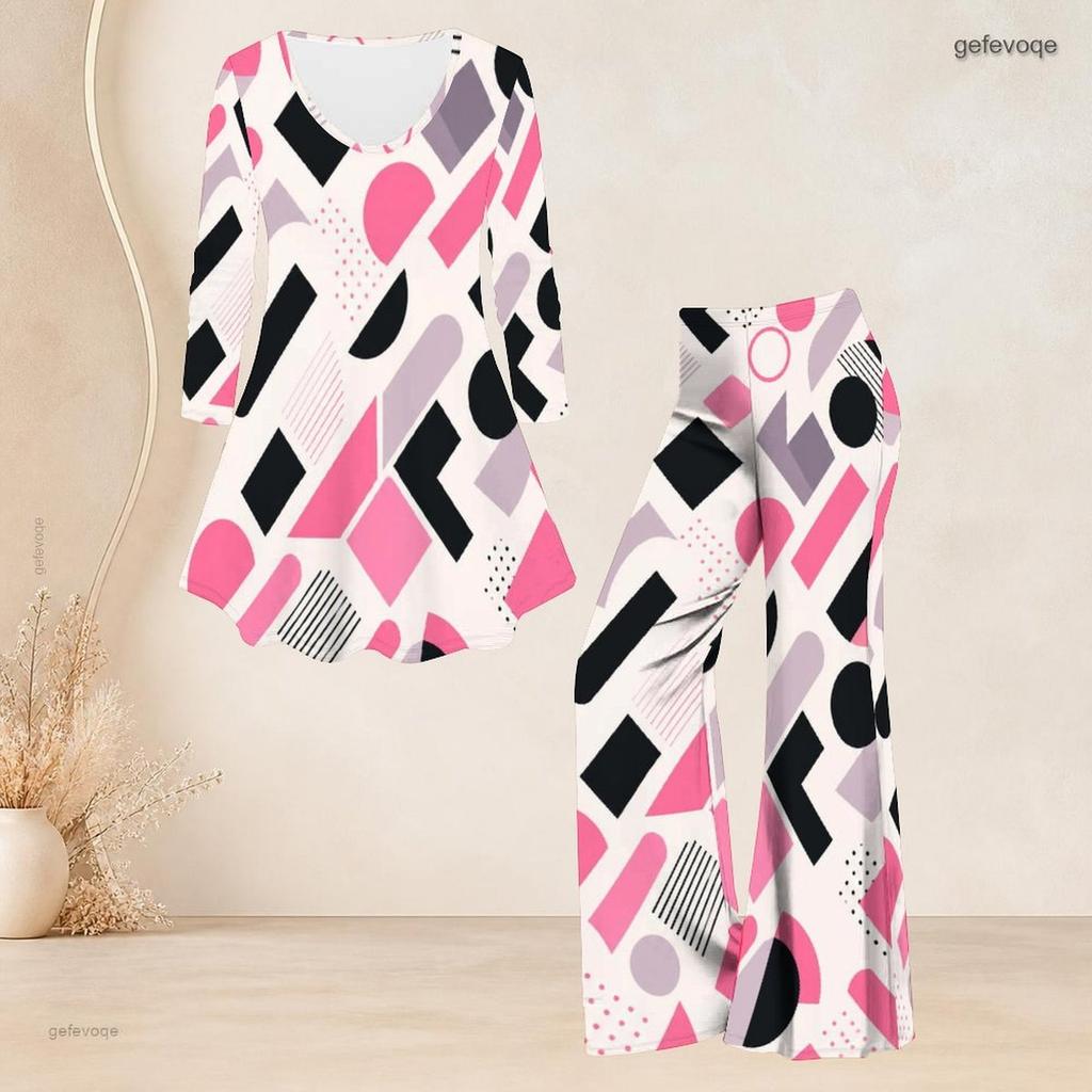 Women Plus Size Printed V Neck Three Quarter Sleeve Flared Top And Flared Pants Two Piece Set