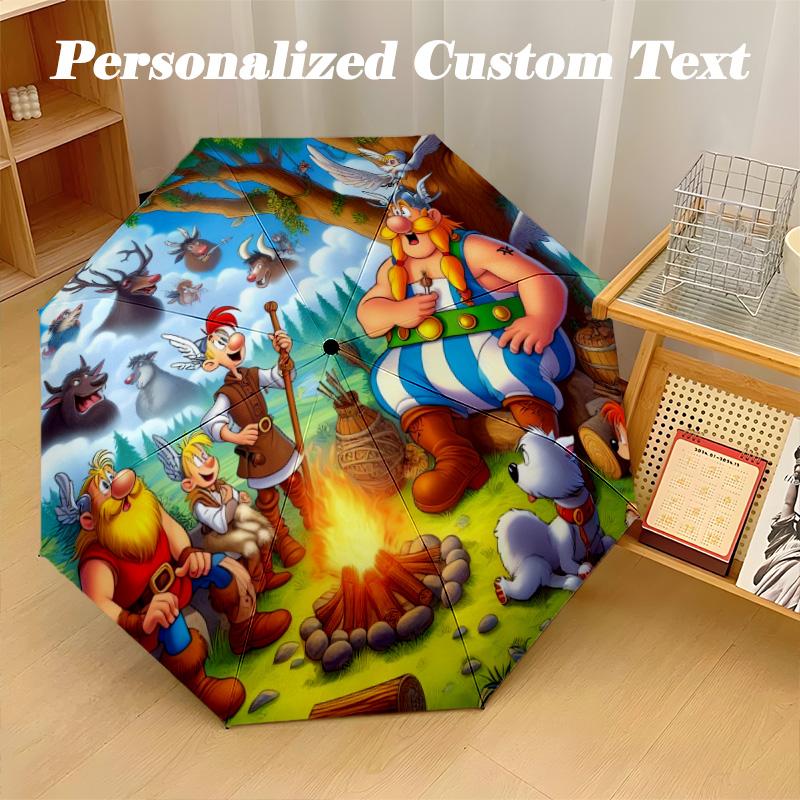 Windproof Folding Umbrella, 8‑Rib Auto Open Close Asterix & Obelix Umbrella for Rain Sun Protection