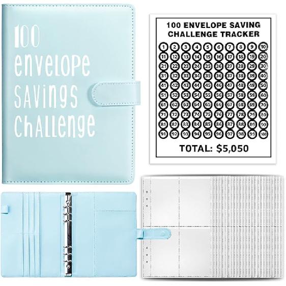 

100 Envelopes Money Saving Challenge, 2025 A5 Money Saving Budget Binder, Savings Challenges Book and Digital Stickers, Easy and Fun Way to Save синій