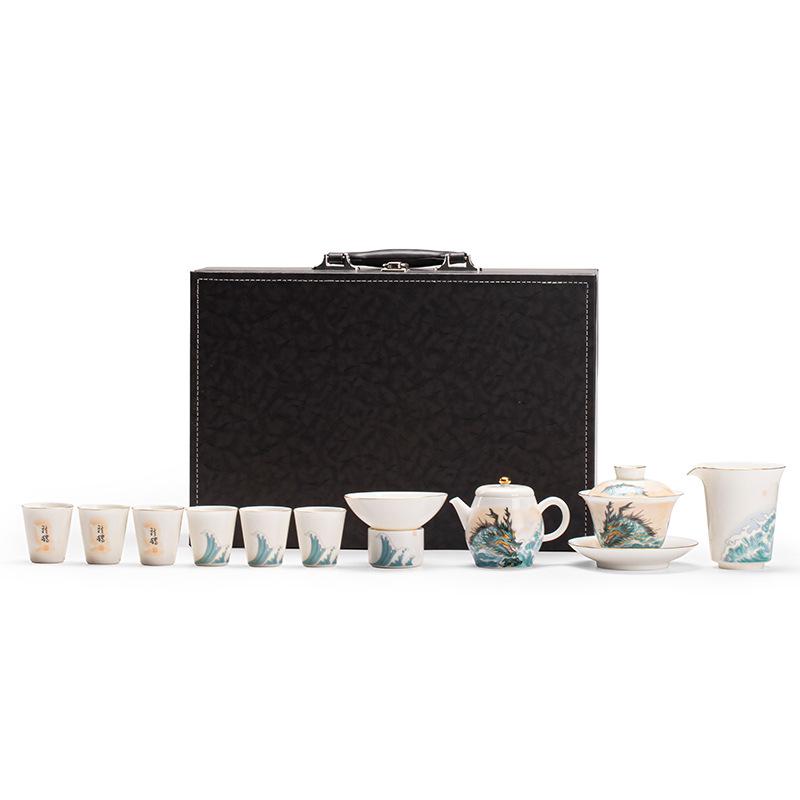 Jade Sheep Fat Porcelain Tea Set: Gaiwan, Gong Dao Bei, Teacup, Teapot.