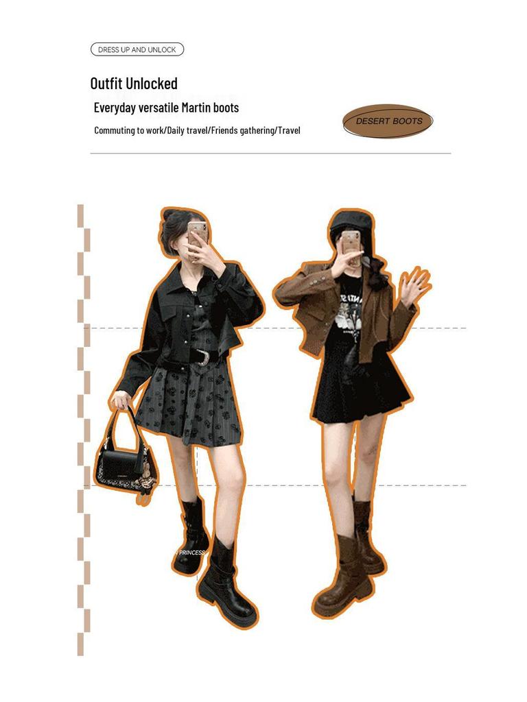 2025 New Women's British Style Martin Boots - Brown Retro Mid-Calf, Perfect for Early Autumn with Skirts