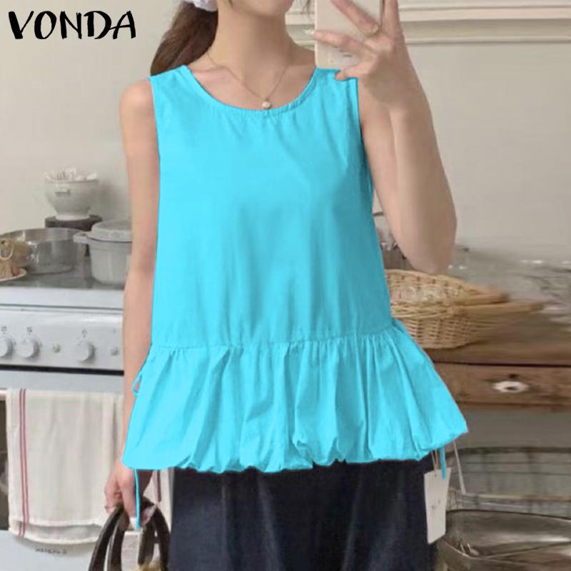 VONDA Women Summer Sleeveless Solid Color Casual Pleated Tank Tops