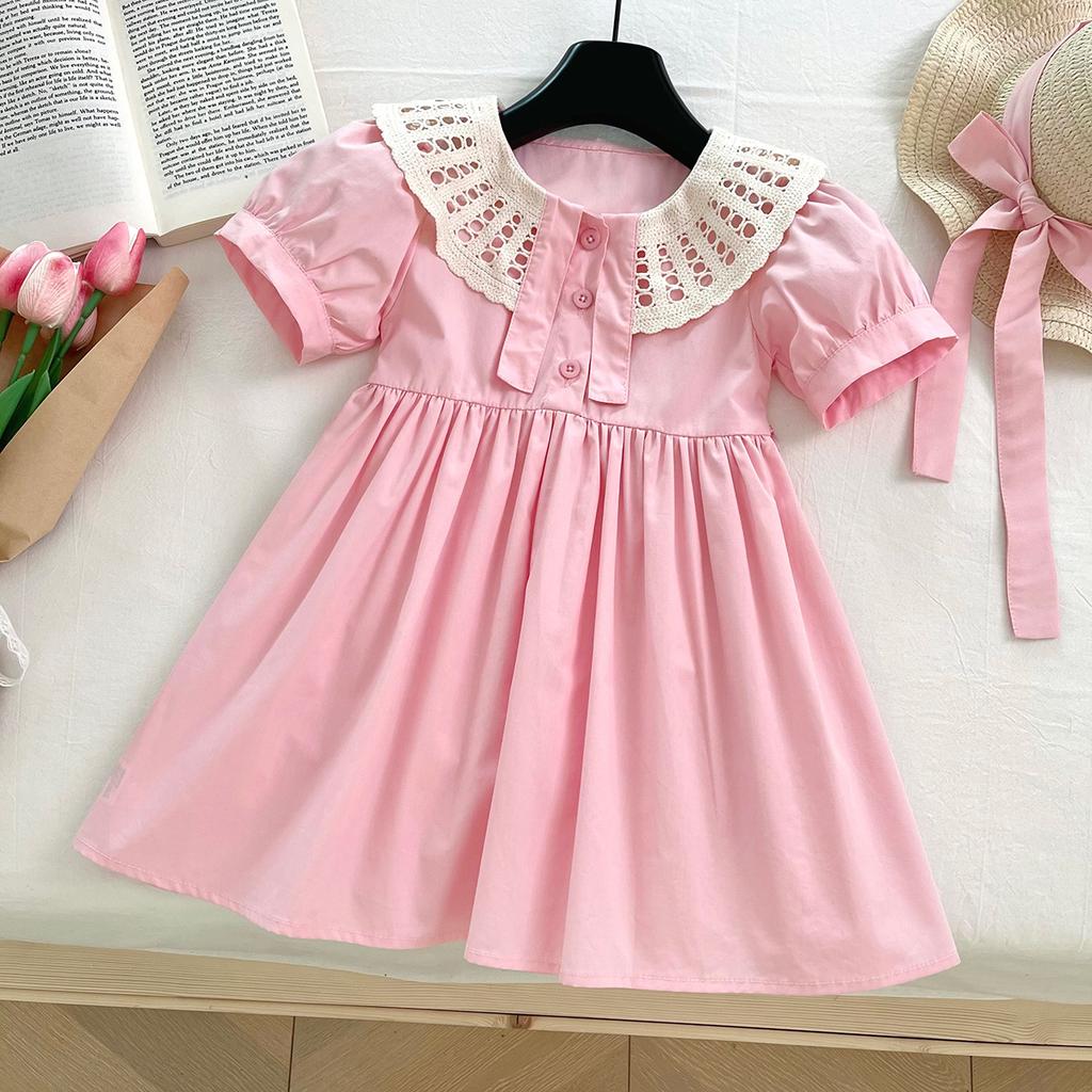Summer Girls Solid Lace Short Sleeve Princess Dress Kids Sweet Party Gown Casual Children Clothing