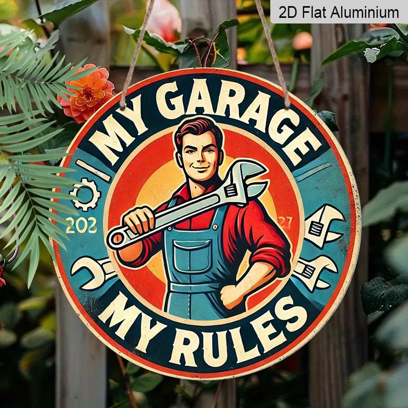 Retro My Garage My Rules Round Metal Signs 7.87x7.87Inch Aluminium Painting for Garage Wall Decor