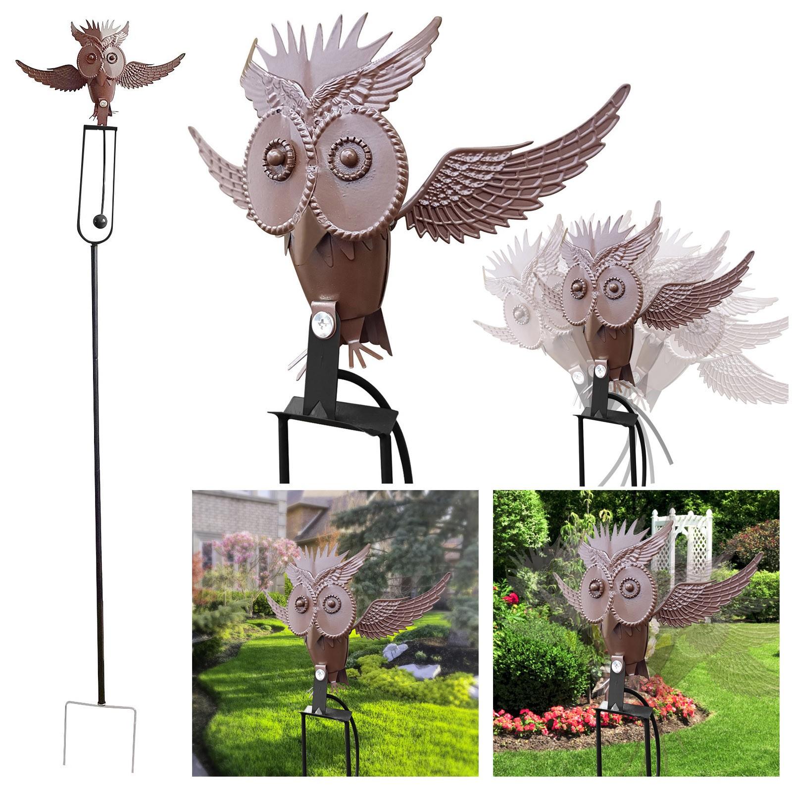 

1pc Wing Flapping Metal Brown Gray Owl Yard Stake Rocking Wind Whirly Animal Decor Ornaments Bomber Model art Garden Plug One Size