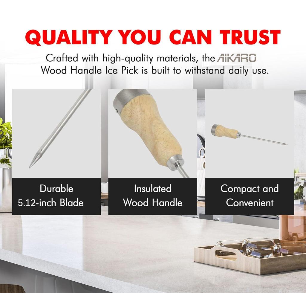 Piolet à glace avec manche en bois, outil brise-glace en acier plaqué, longueur 21,5 cm, lame de 13 cm