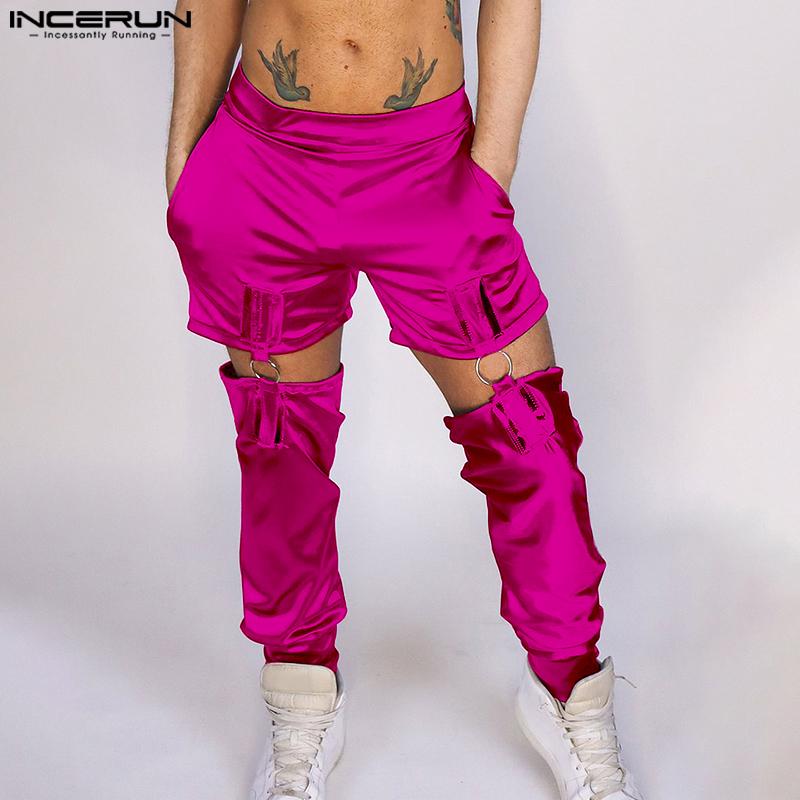 INCERUN Men Elastic Waist Adjustable Cutout Glitter Long Pants Cargo Trousers