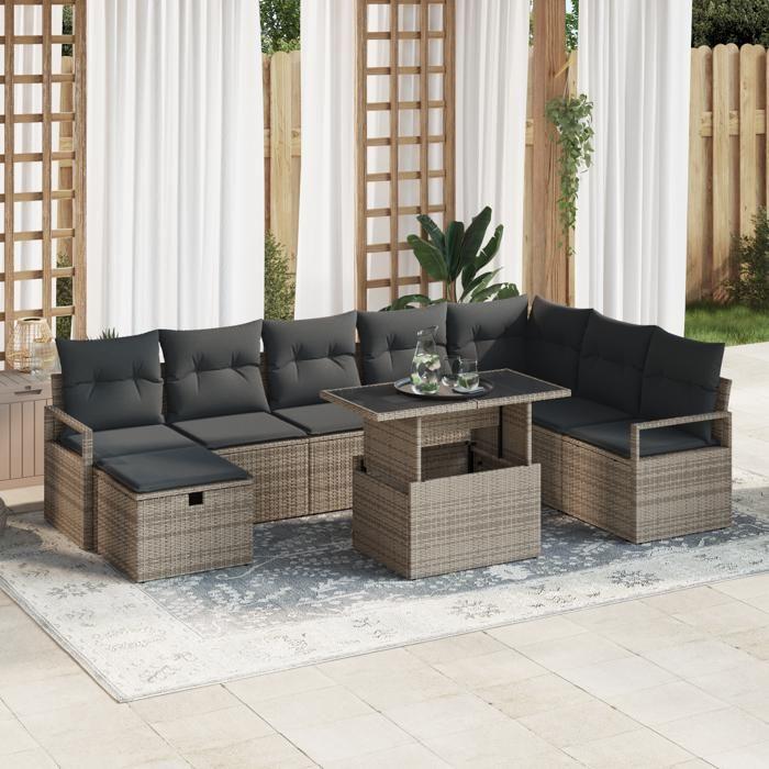 Ensemble de Canapés de Jardin 9 pièces avec Coussins gris Rattan Synthétique, Canapé de Jardin 2 places avec Coussins gris 3359816