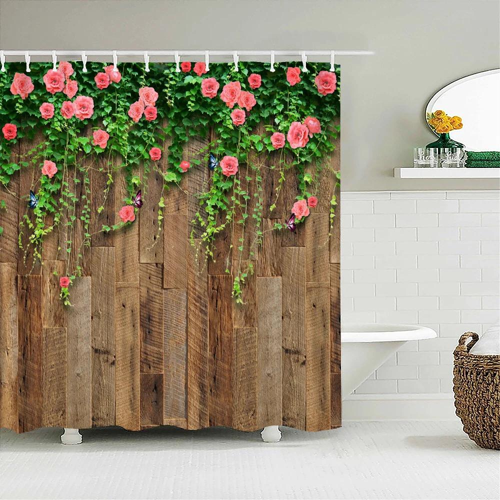 Rural Landscape Fabric Shower Curtain Bathroom Curtains Rock Brick Wall Plant Flowers Waterproof Decor Bath Screen With Hook