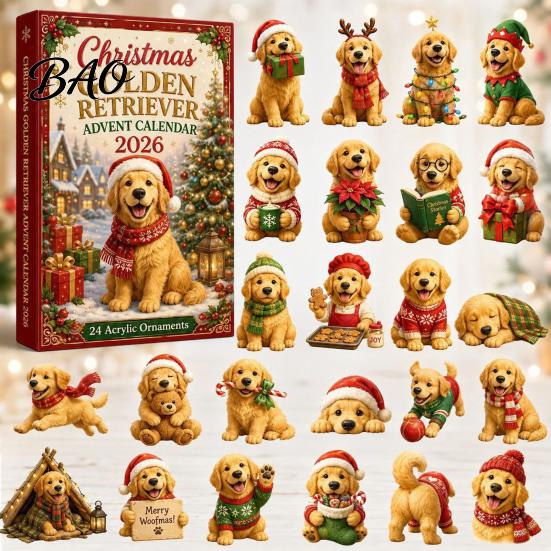 Christmas Advent Calendar 2026 Dog Calendar, 24-Day Acrylic Ornament Set with Mini Puppy Kids Gifts Figures, 2D Flat Tree Hanging Countdown