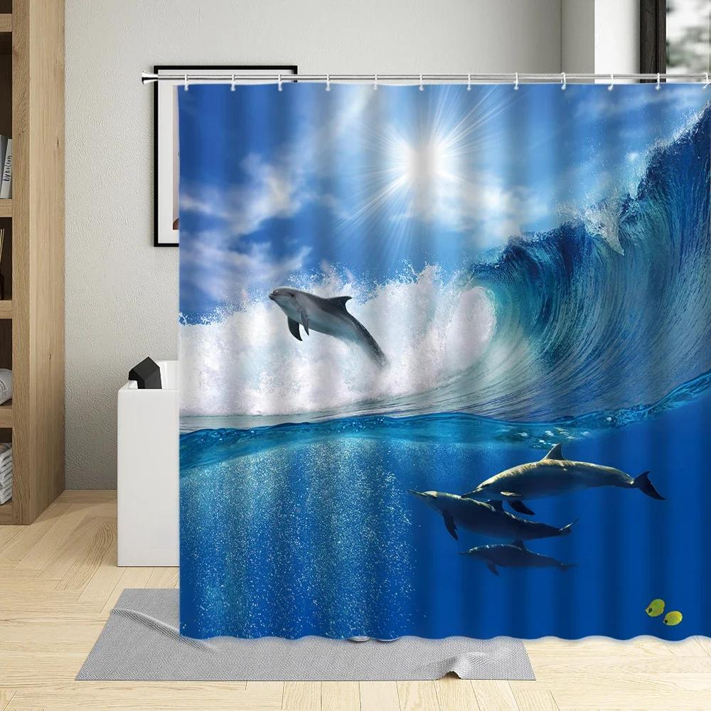 Ocean Sea Animal Dolphin Fish Waterproof Shower Curtain Creative Deep Sea Child Bathroom Decor Screen With Hooks Curtains Set