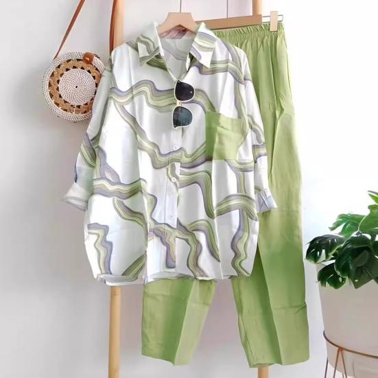 Conjunto de Dos Piezas a Rayas para Mujer Camisa Blusa de Manga Larga con Solapa y Botones y Pantalón Traje Deportivo Casual de Verano